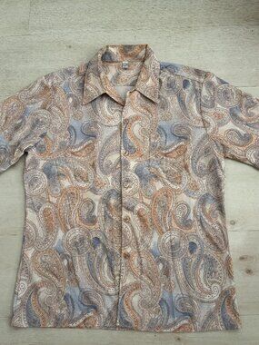 VTG 70s Paisley Button Down Shirt Textured Polyester Disco Dagger Collar Size L